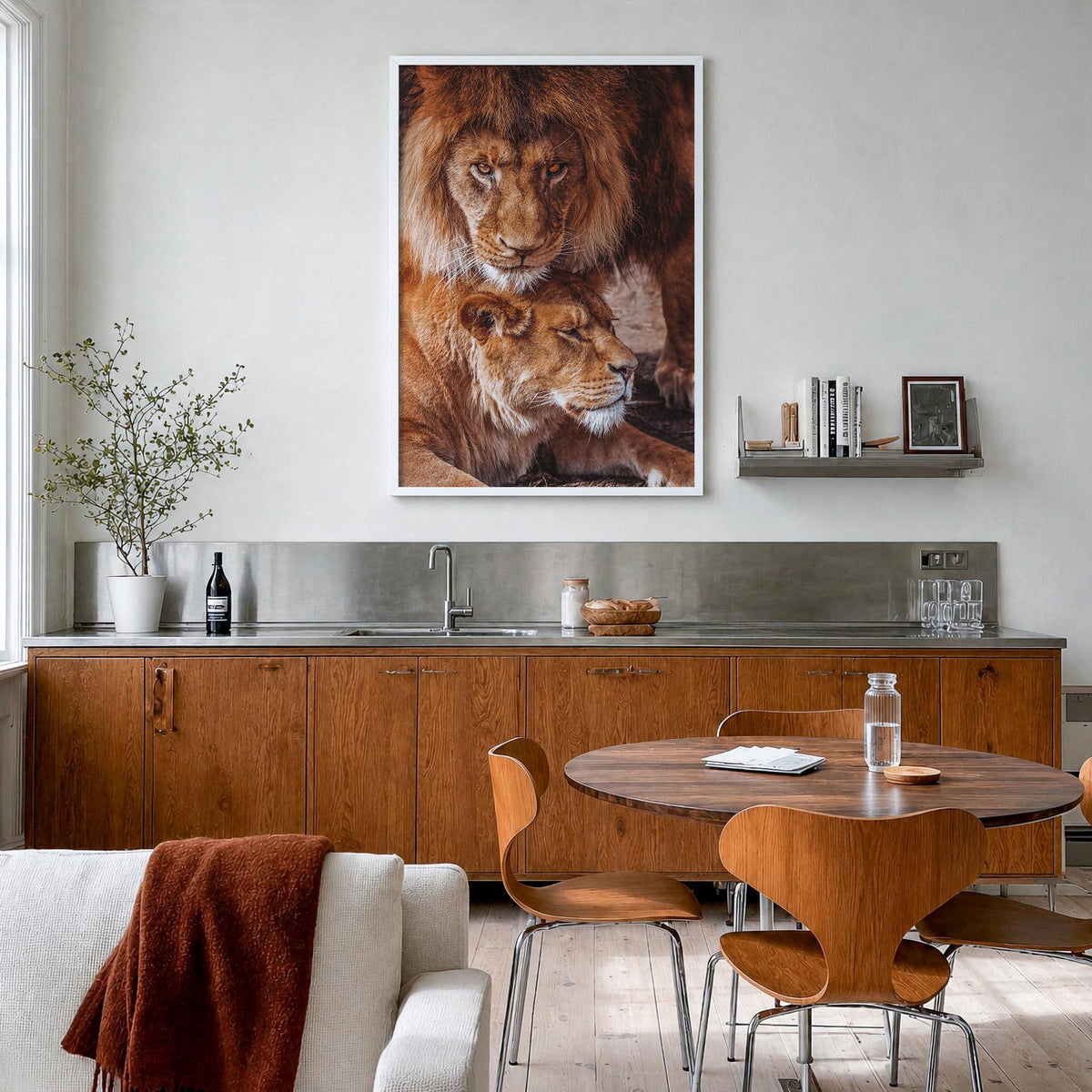 Lion no. 3 colorful photo poster – vertical wall art in white wood frame, hanging on wall