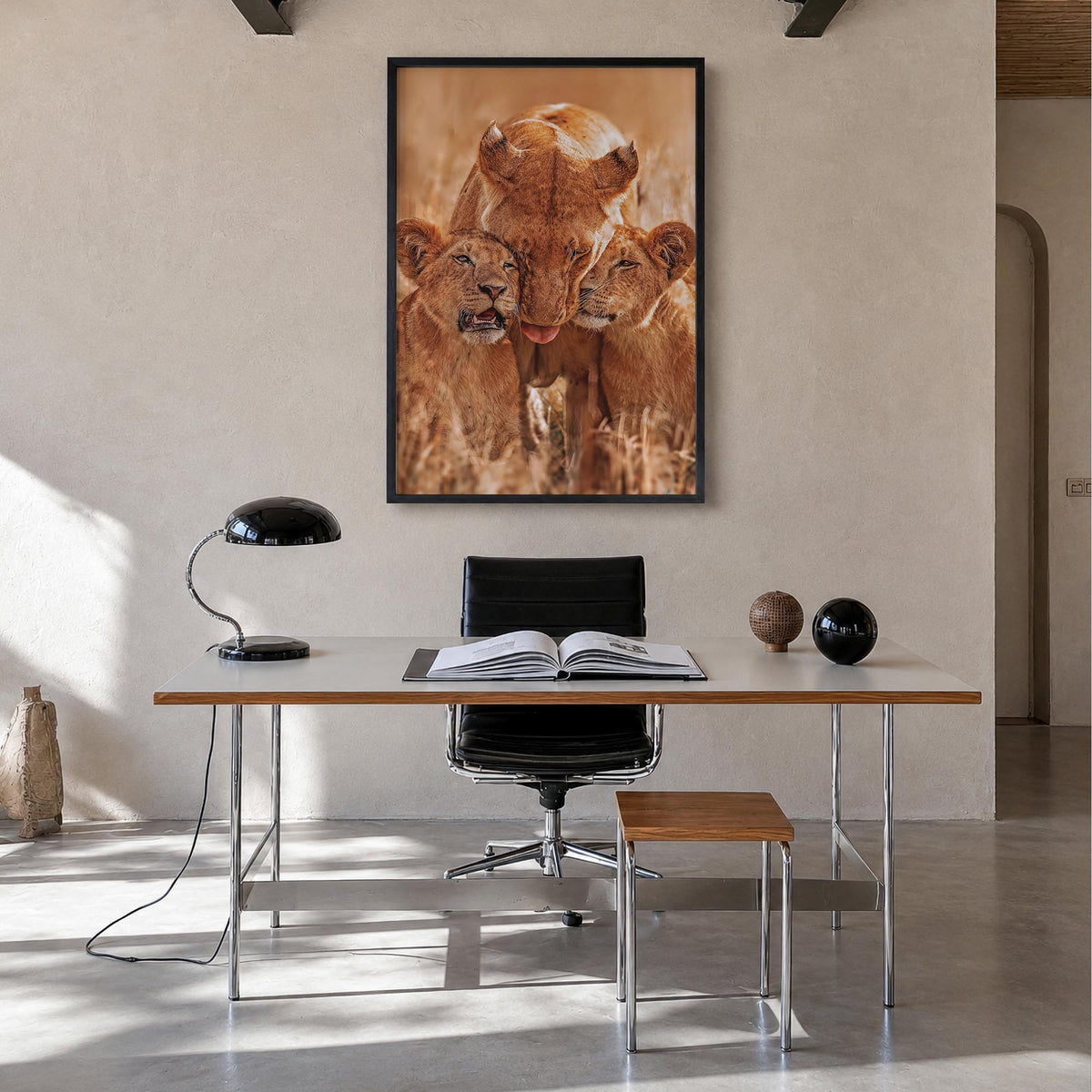 Lion no. 4 colorful photo poster – vertical wall art in black wood frame, hanging on wall