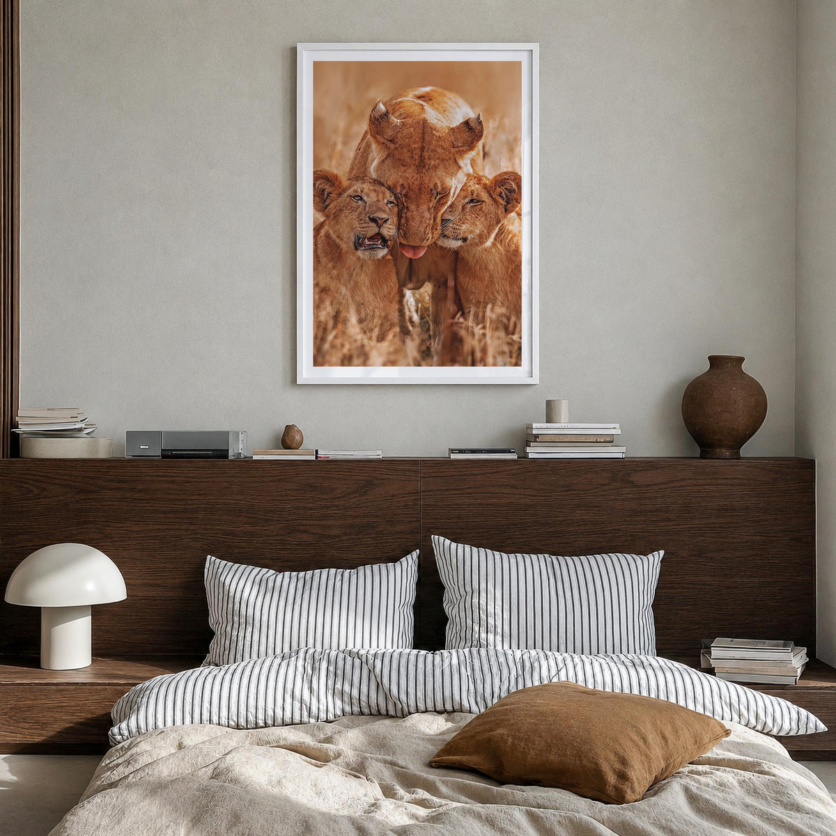 Lion no. 4 colorful photo poster – vertical wall art in white wood frame with white border, hanging on wall
