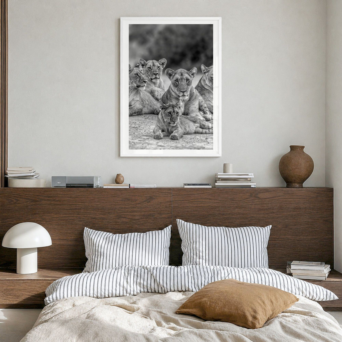 Lion Photo No 3 Poster in a white wood frame, hanging in a bedroom, white border