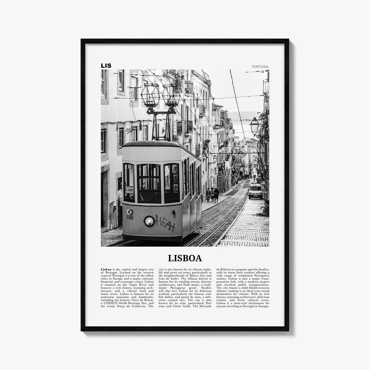 Lisbon no. 1 black & white newspaper poster of Lisboa, Portugal – vertical wall art, unframed print shown in interior mockup