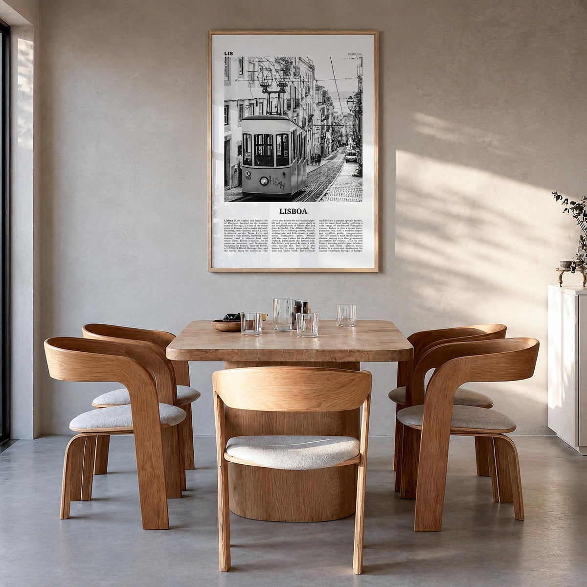 Lisbon no. 1 black & white newspaper poster of Lisboa, Portugal – vertical wall art in natural wood frame, hanging on wall