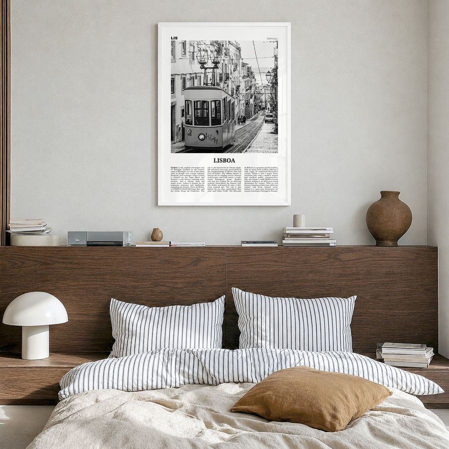 Lisboa Newspaper Poster in a white wood frame, hanging in a bedroom