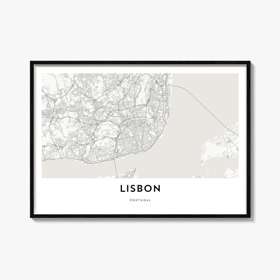 Lisbon black & white map poster of Portugal – horizontal wall art, unframed print shown in interior mockup