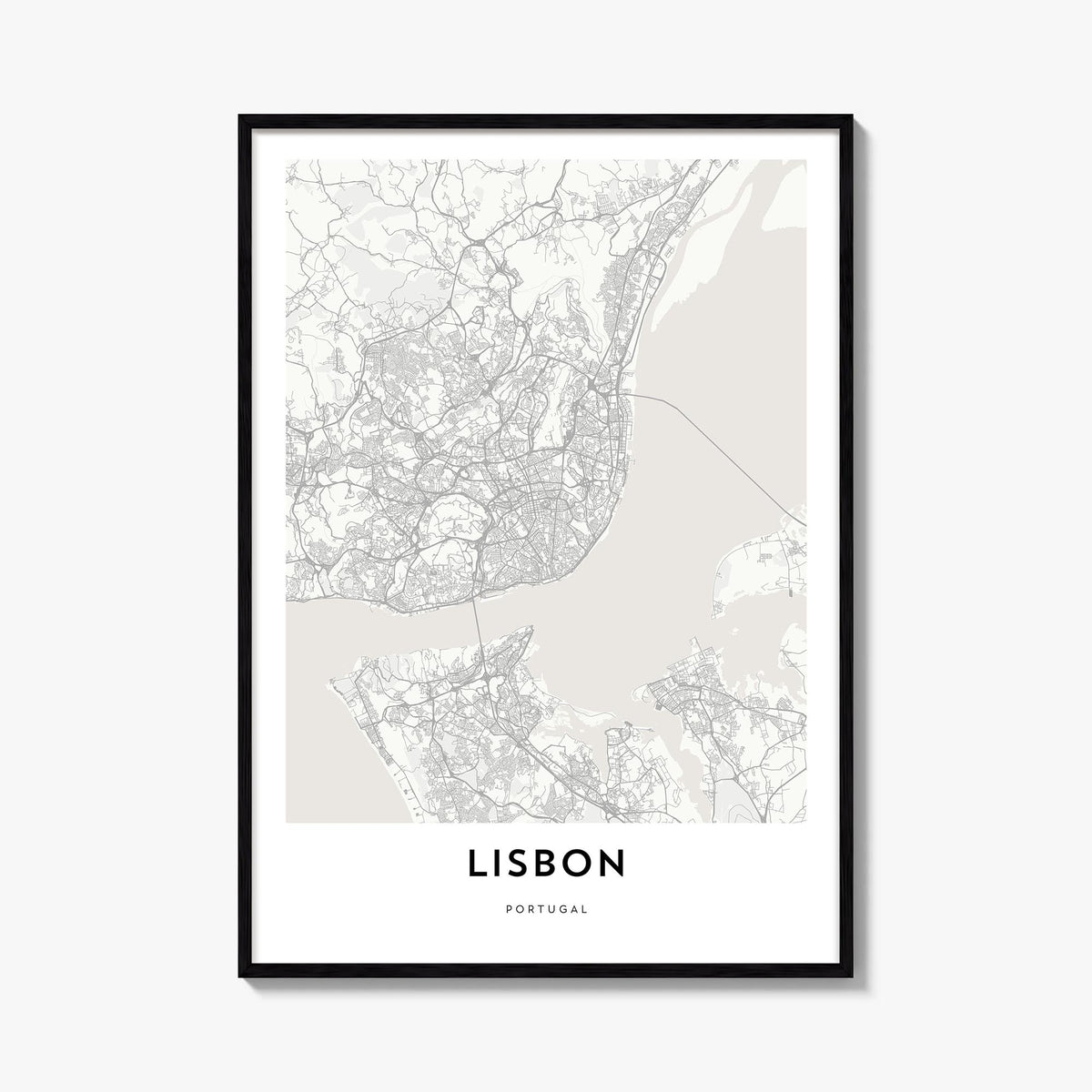 Lisbon black & white map poster of Portugal – vertical wall art, unframed print shown in interior mockup