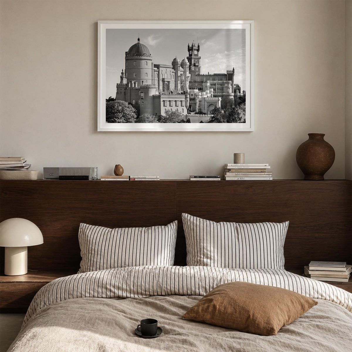 Lisbon black & white photo poster of Portugal – horizontal wall art in white wood frame with white border, hanging on wall