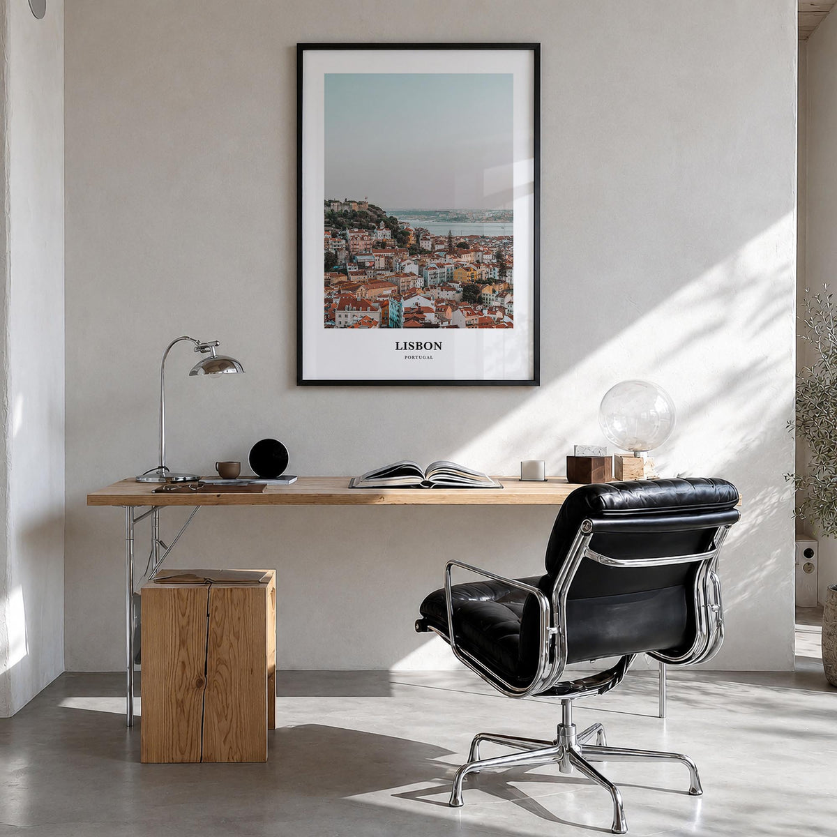 Lisbon colorful classic poster of Portugal – vertical wall art in black wood frame, hanging on wall