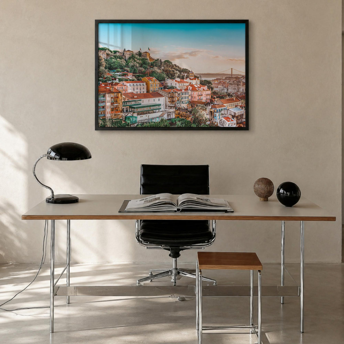 Lisbon colorful photo poster of Portugal – horizontal wall art in black wood frame, hanging on wall