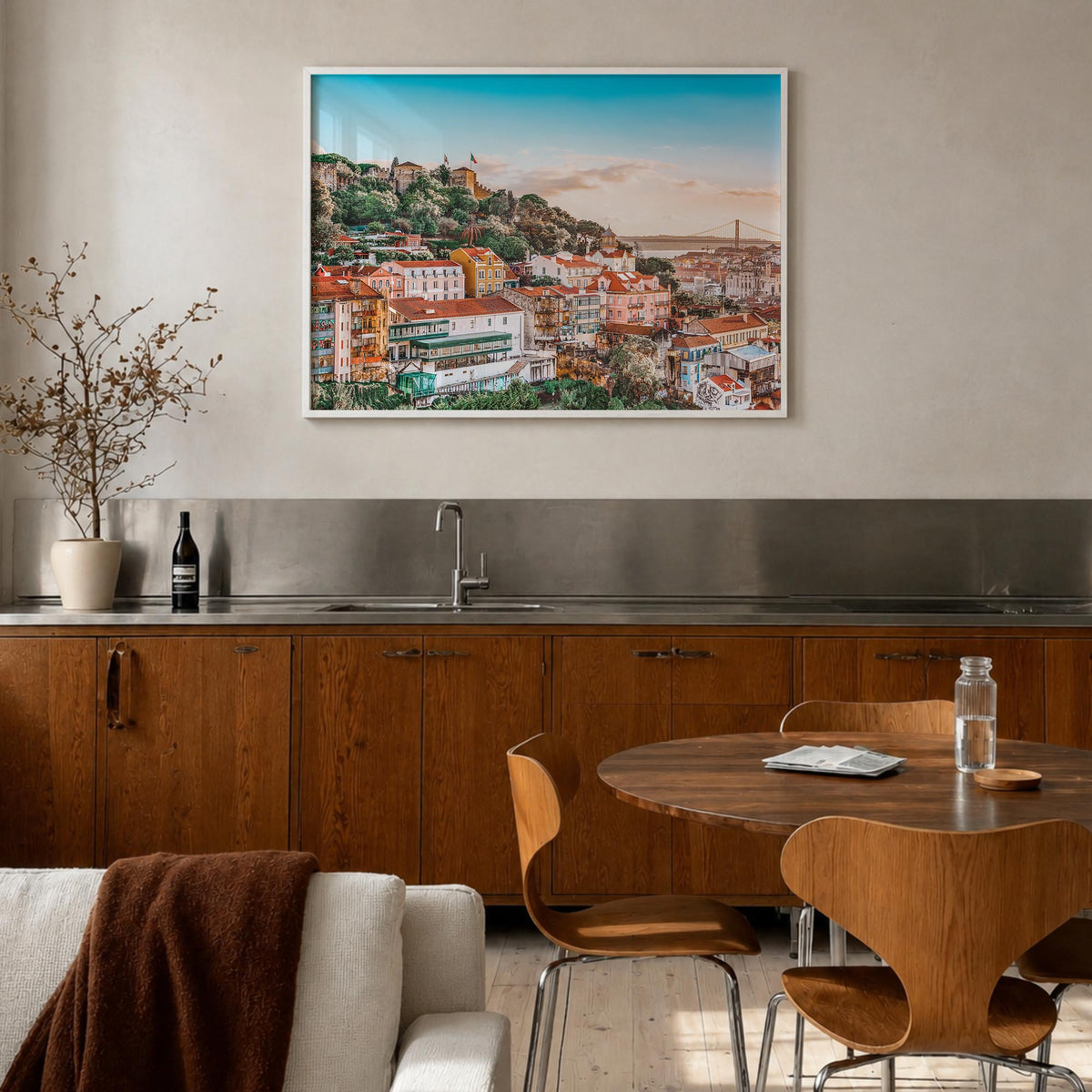 Lisbon colorful photo poster of Portugal – horizontal wall art in white wood frame, hanging on wall
