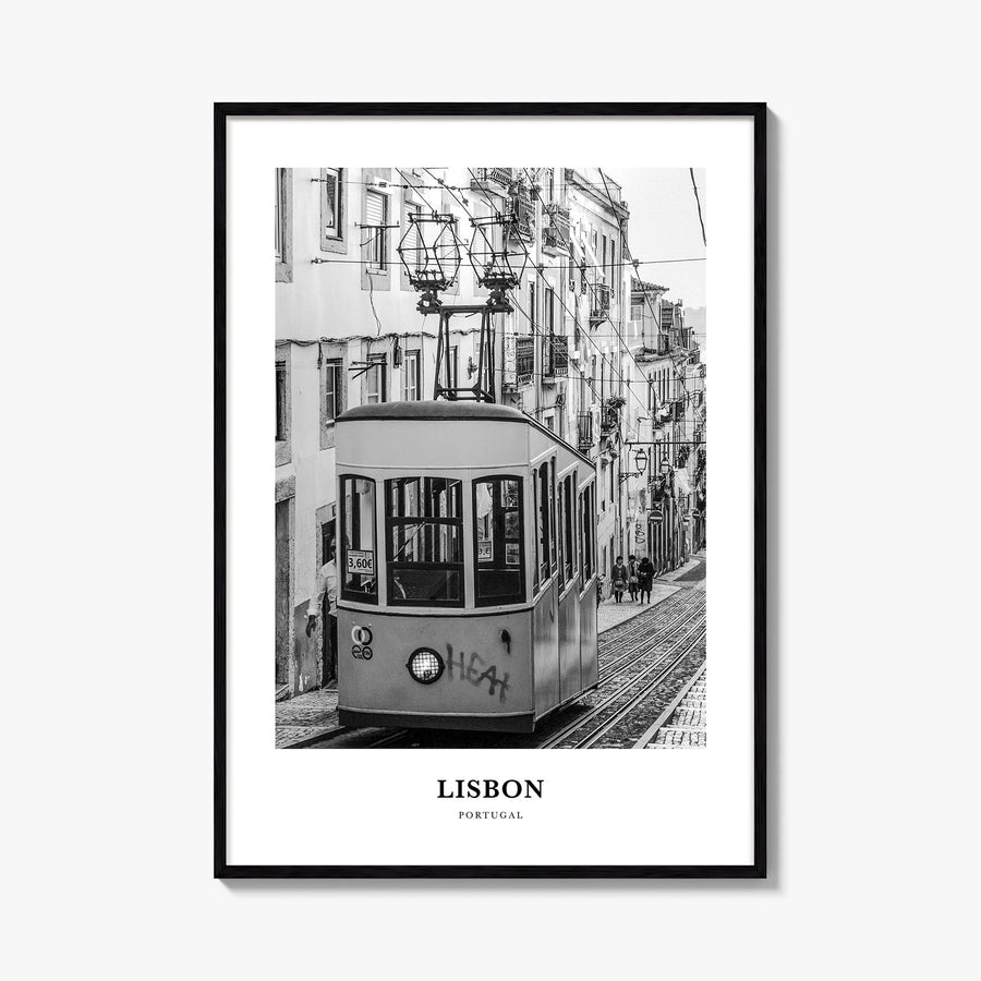 Lisbon no. 1 black & white classic poster of Portugal – vertical wall art, unframed print shown in interior mockup