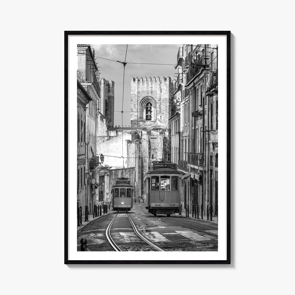 Lisbon no. 1 black & white photo poster of Portugal – vertical wall art, unframed print shown in interior mockup