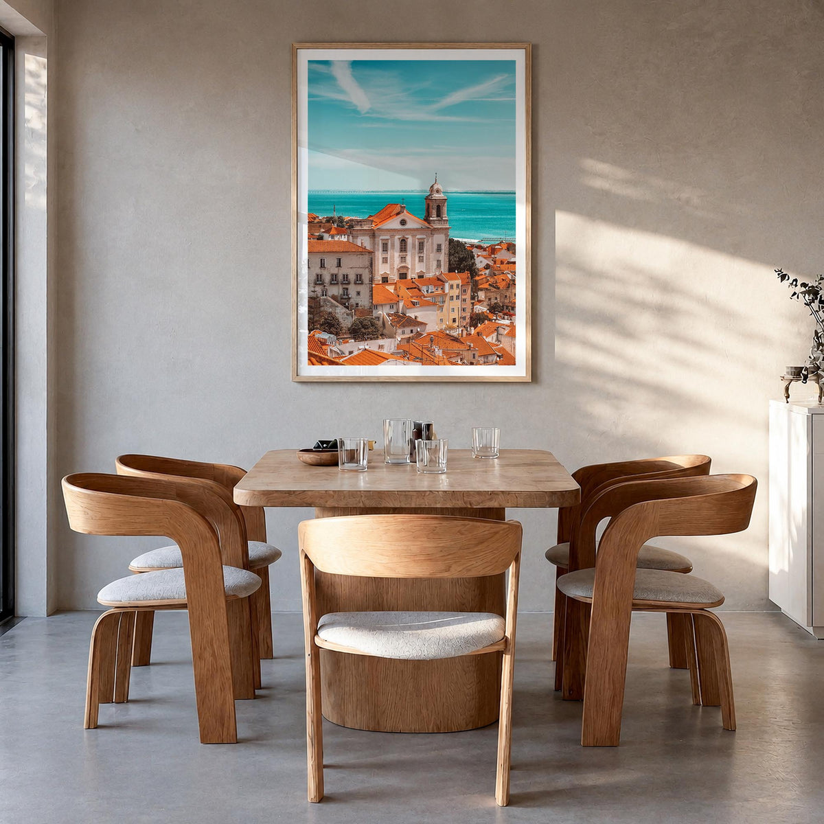 Lisbon no. 1 colorful photo poster of Portugal – vertical wall art in natural wood frame with white border, hanging on wall