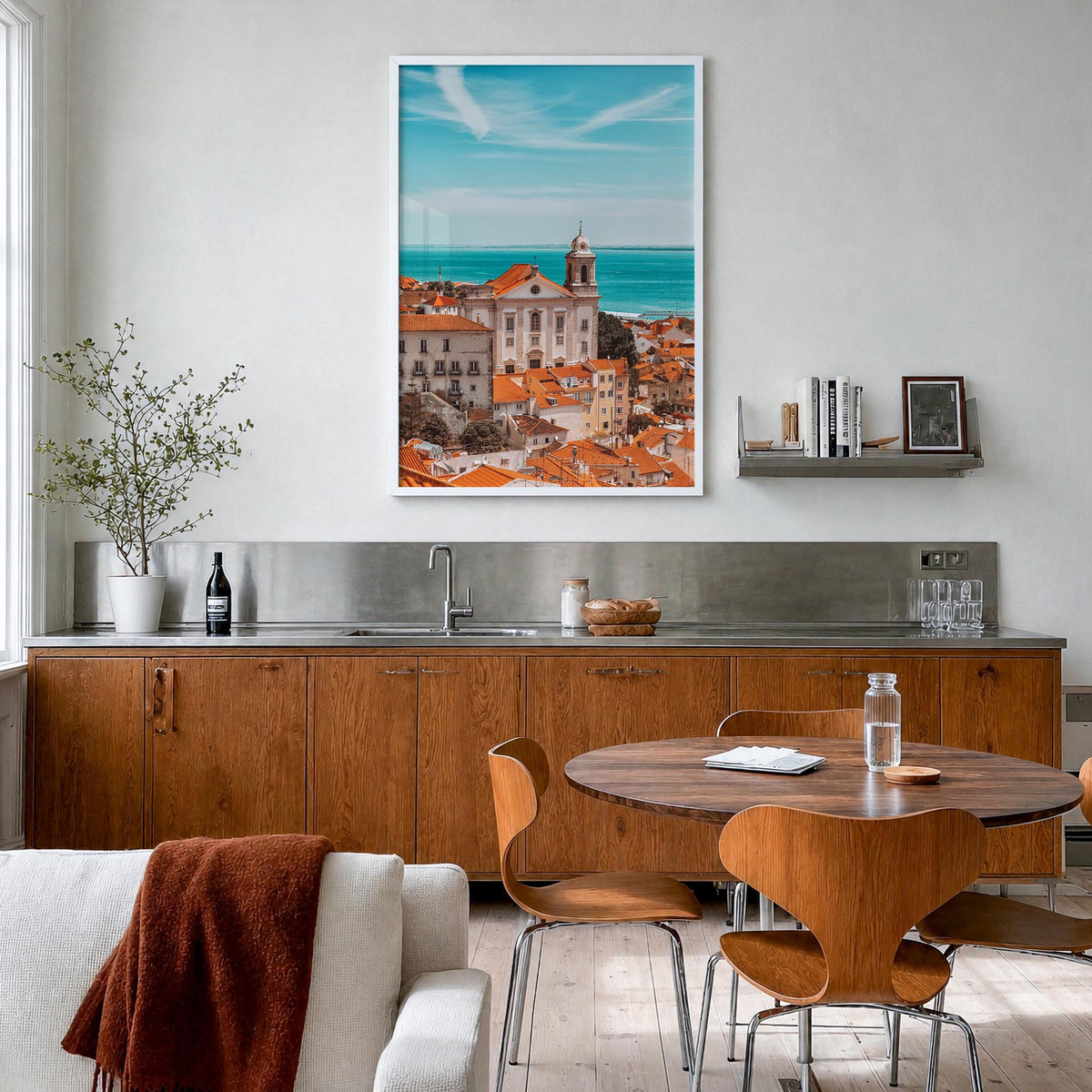 Lisbon no. 1 colorful photo poster of Portugal – vertical wall art in white wood frame, hanging on wall