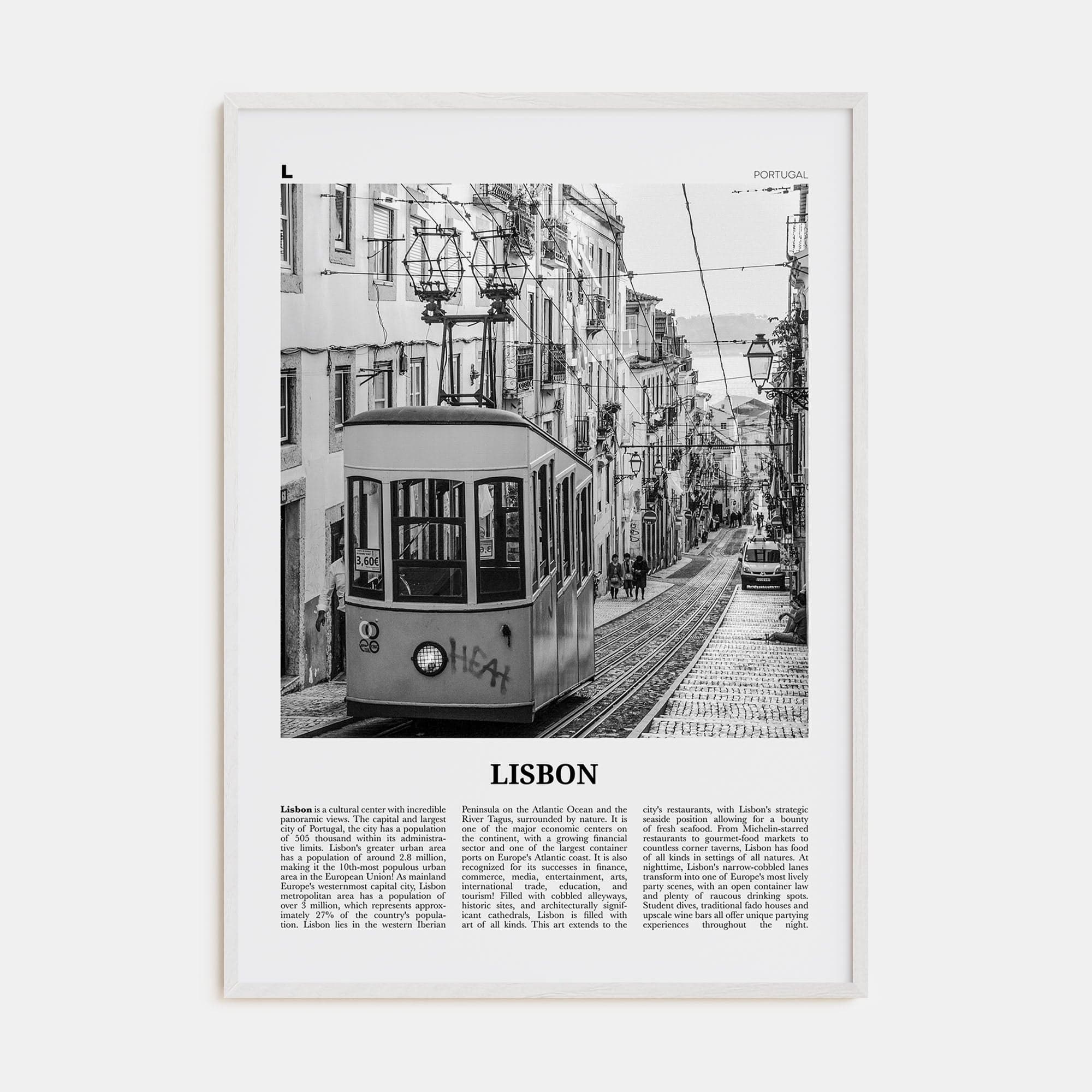 Lisbon No 1 Poster White Wood / 8x12 in Nbourhood Travel B&W Poster