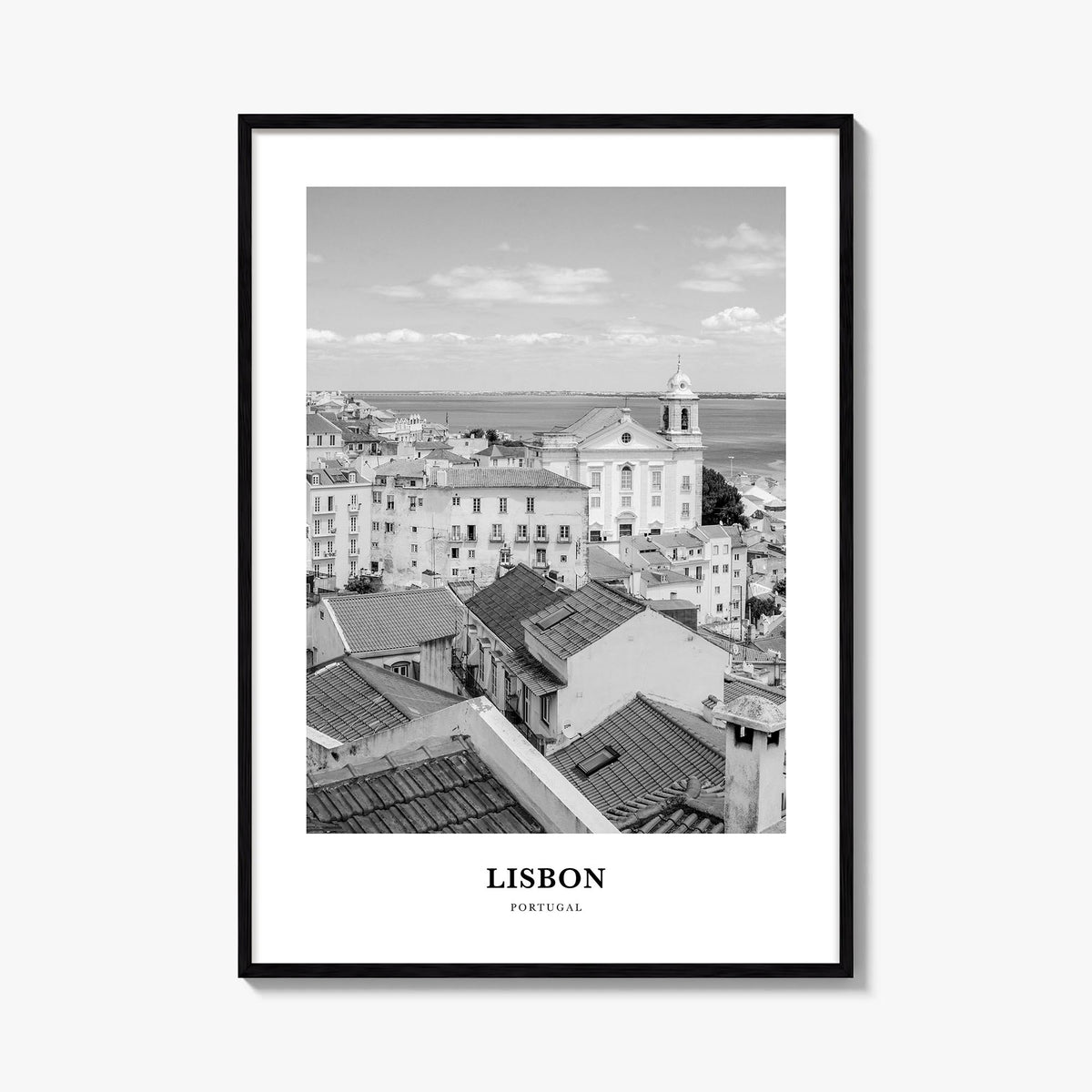 Lisbon no. 2 black & white classic poster of Portugal – vertical wall art, unframed print shown in interior mockup