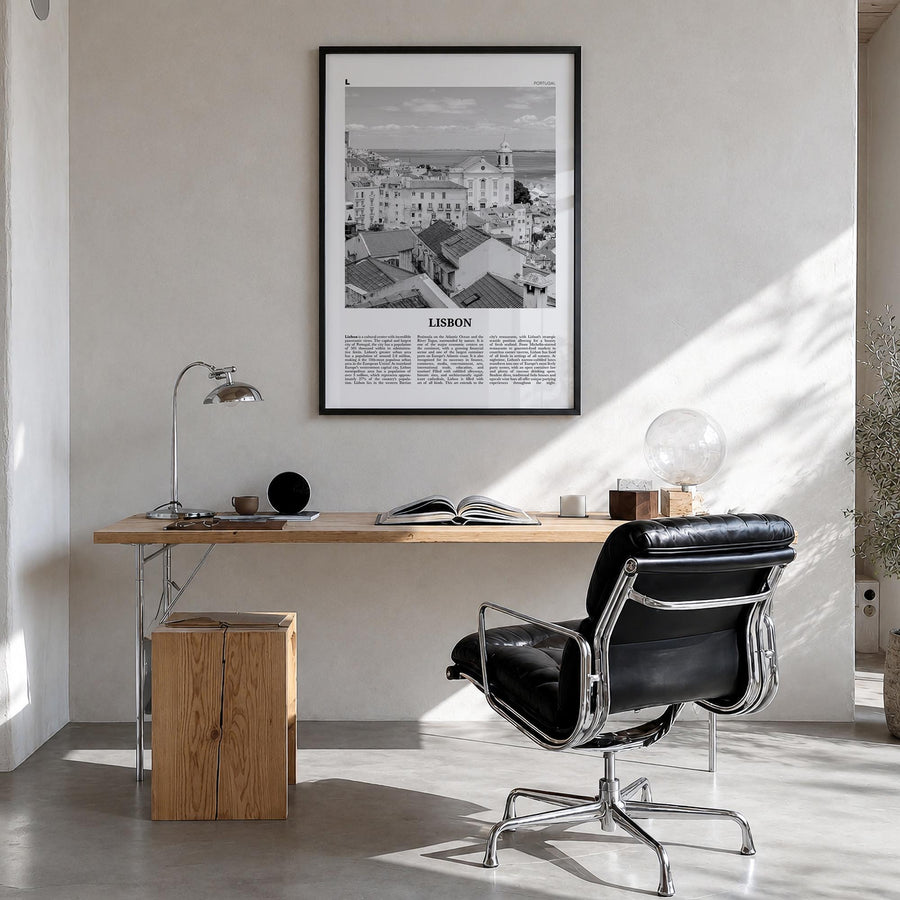 Lisbon no. 3 black & white newspaper poster of Portugal – vertical wall art in black wood frame, hanging on wall