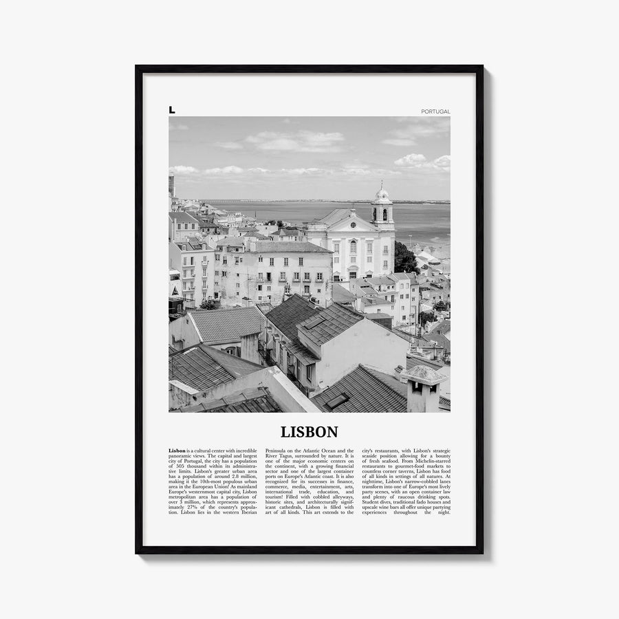 Lisbon no. 3 black & white newspaper poster of Portugal – vertical wall art, unframed print shown in interior mockup
