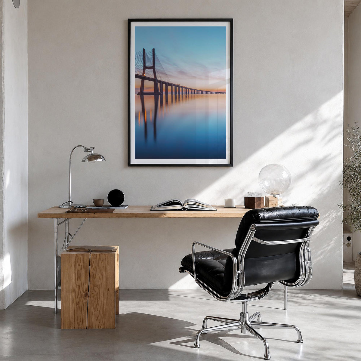 Lisbon no. 2 colorful photo poster of Portugal – vertical wall art in black wood frame with white border, hanging on wall