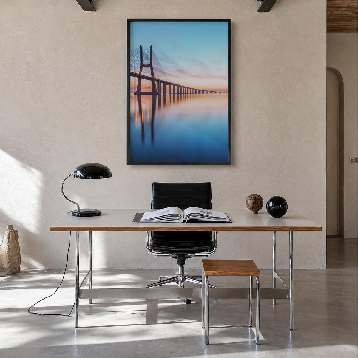 Lisbon no. 2 colorful photo poster of Portugal – vertical wall art in black wood frame, hanging on wall