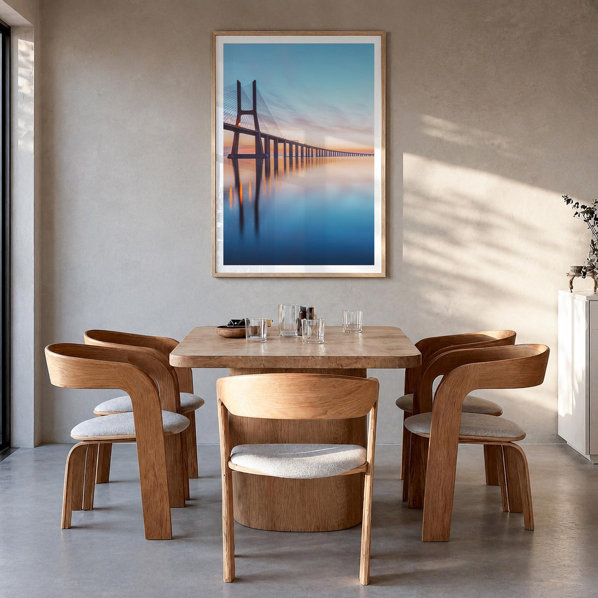 Lisbon no. 2 colorful photo poster of Portugal – vertical wall art in natural wood frame with white border, hanging on wall