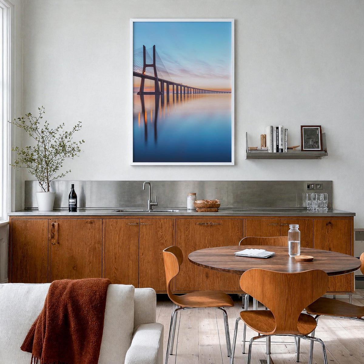Lisbon no. 2 colorful photo poster of Portugal – vertical wall art in white wood frame, hanging on wall