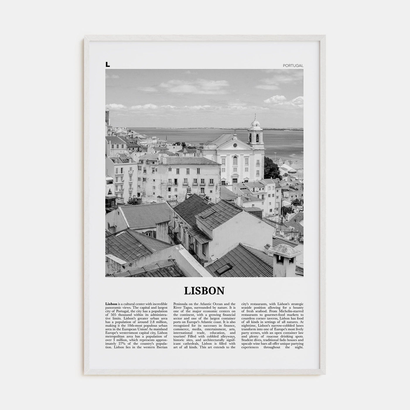 Lisbon No 2 Poster White Wood / 8x12 in Nbourhood Travel B&W Poster