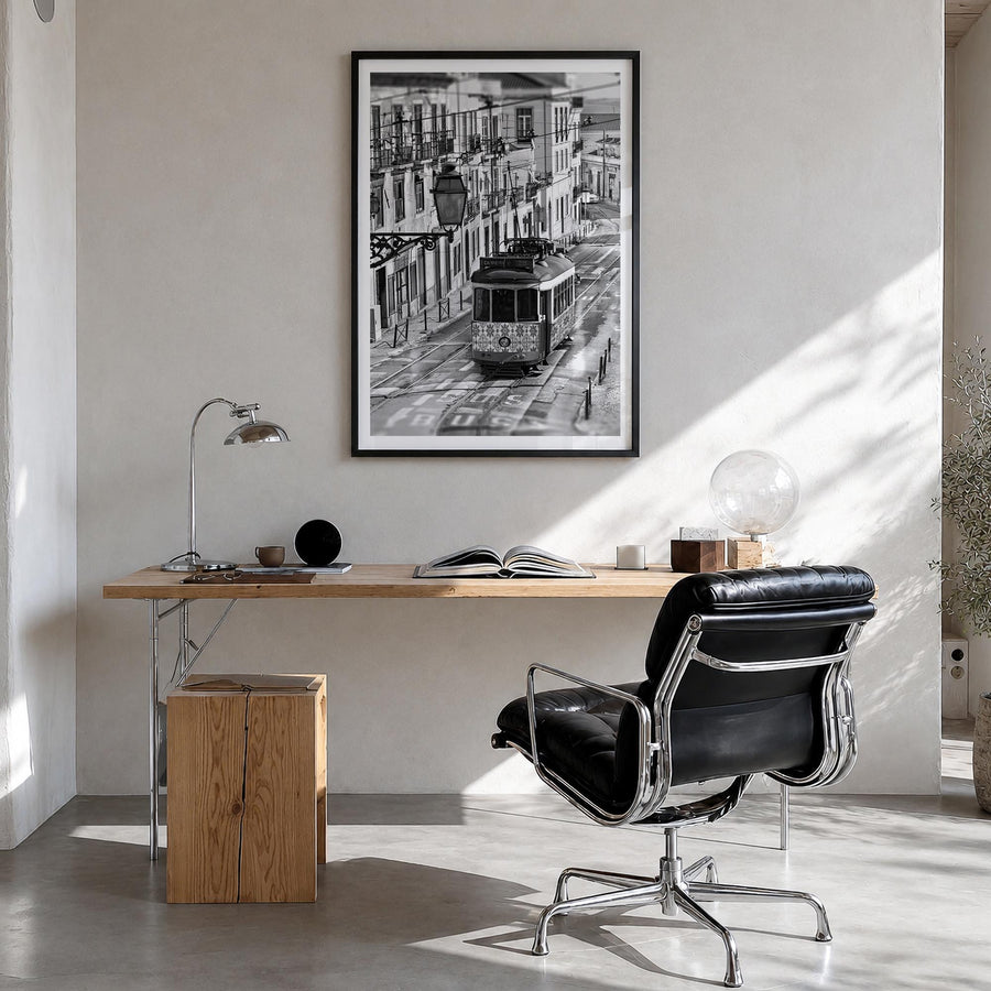 Lisbon no. 3 black & white photo poster of Portugal – vertical wall art in black wood frame with white border, hanging on wal
