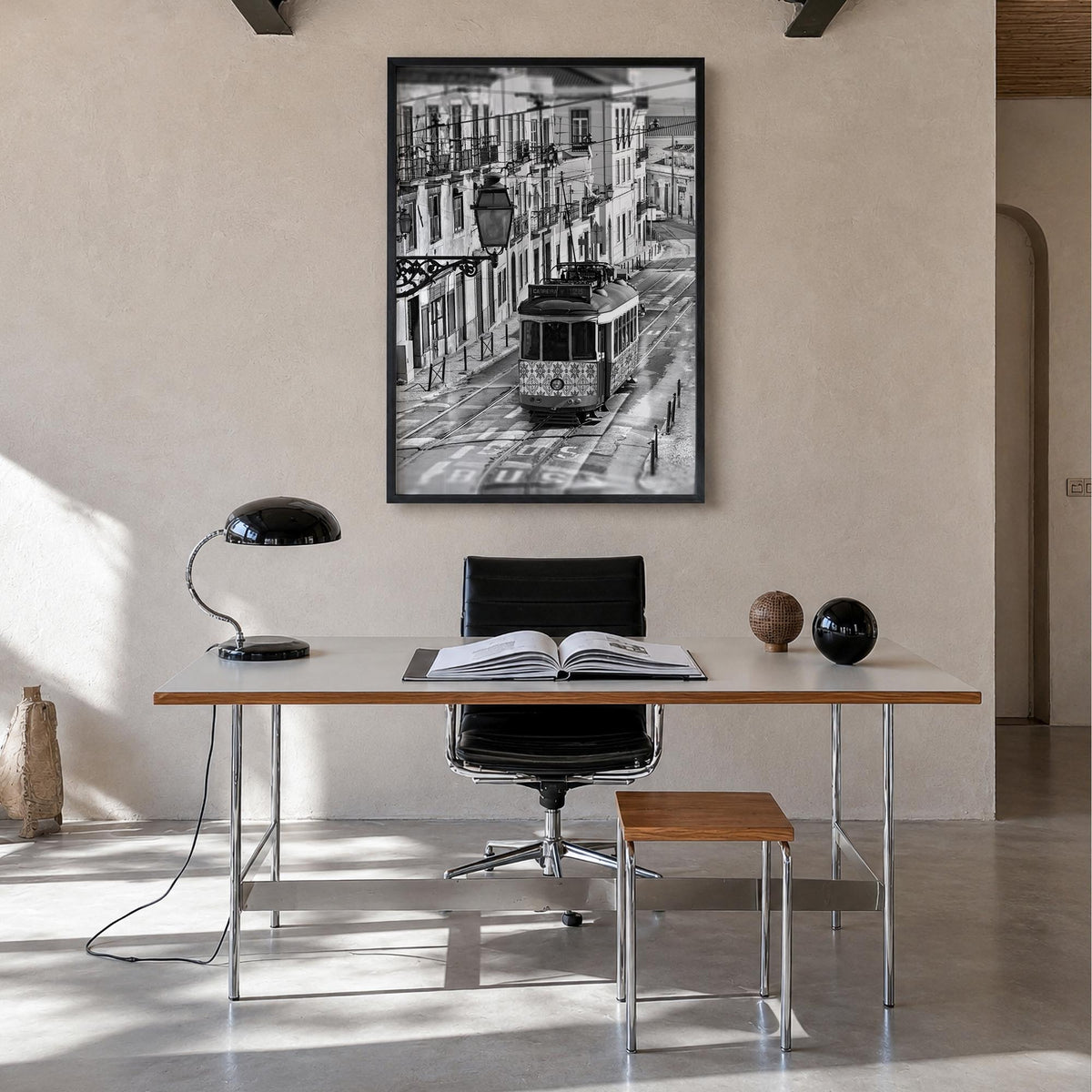 Lisbon no. 3 black & white photo poster of Portugal – vertical wall art in black wood frame, hanging on wall
