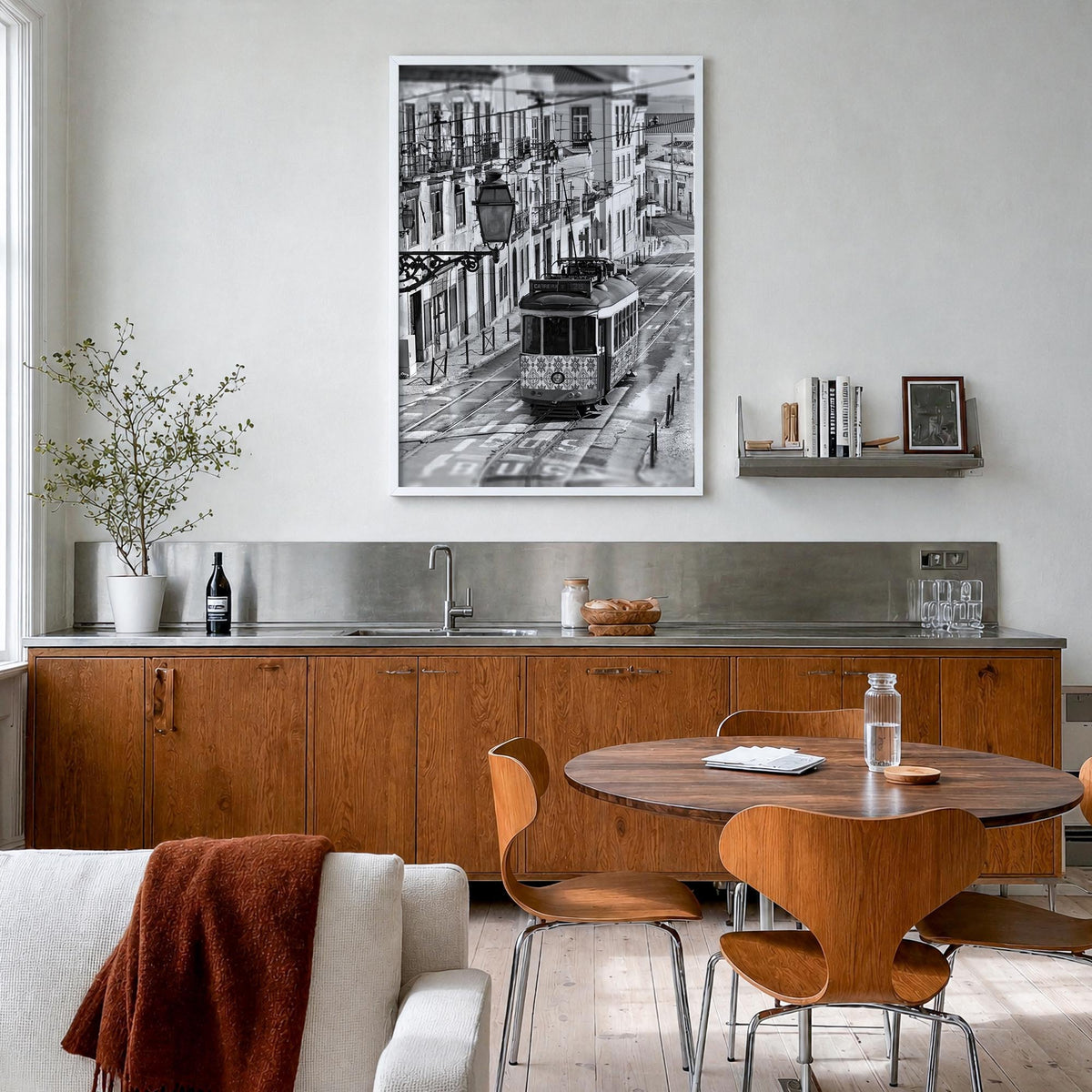 Lisbon no. 3 black & white photo poster of Portugal – vertical wall art in white wood frame, hanging on wall