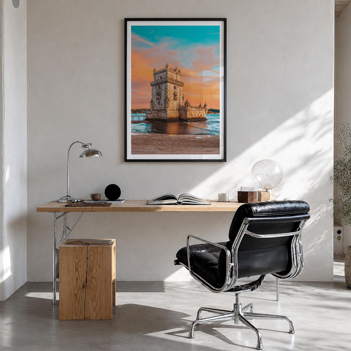 Lisbon no. 3 colorful photo poster of Portugal – vertical wall art in black wood frame with white border, hanging on wall