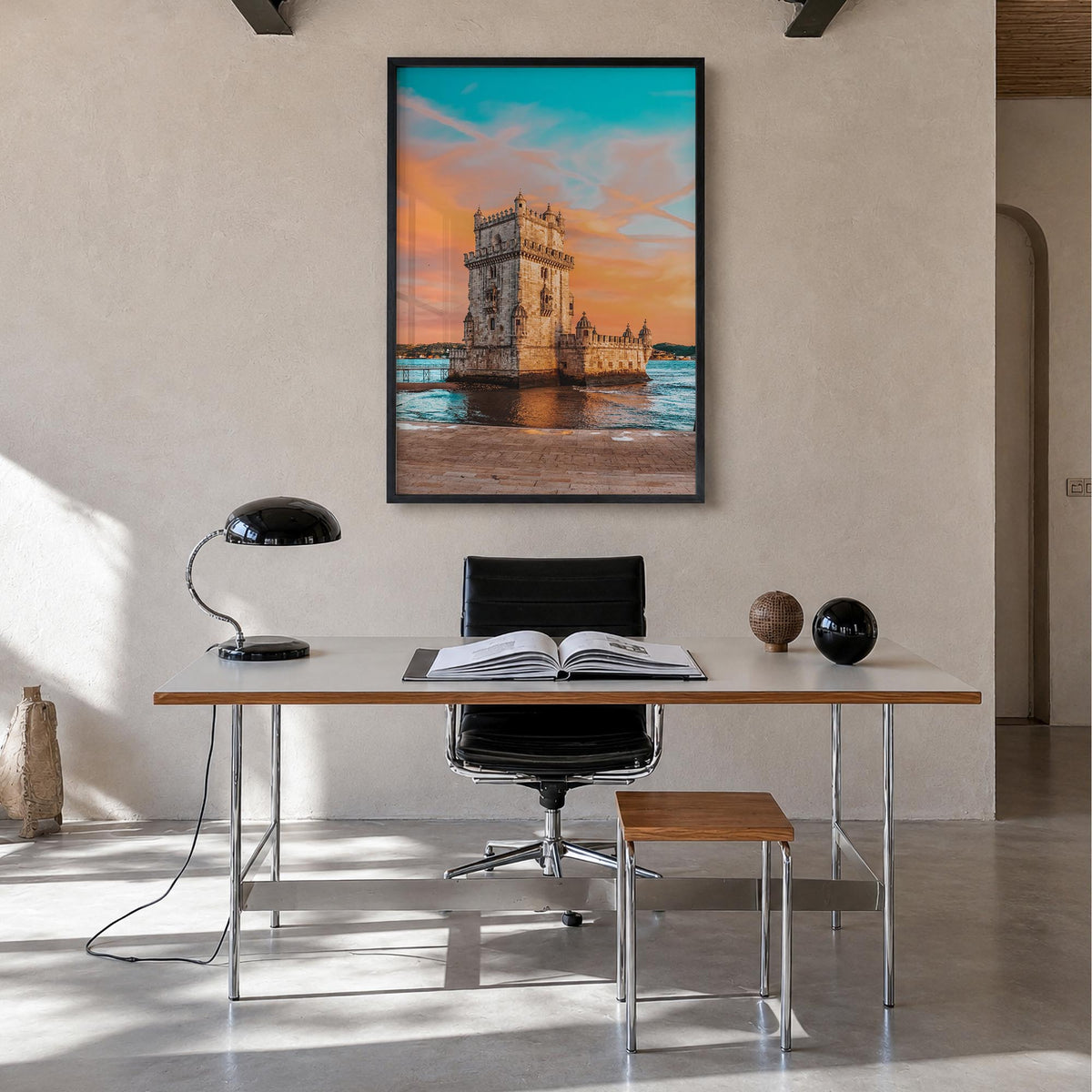 Lisbon no. 3 colorful photo poster of Portugal – vertical wall art in black wood frame, hanging on wall