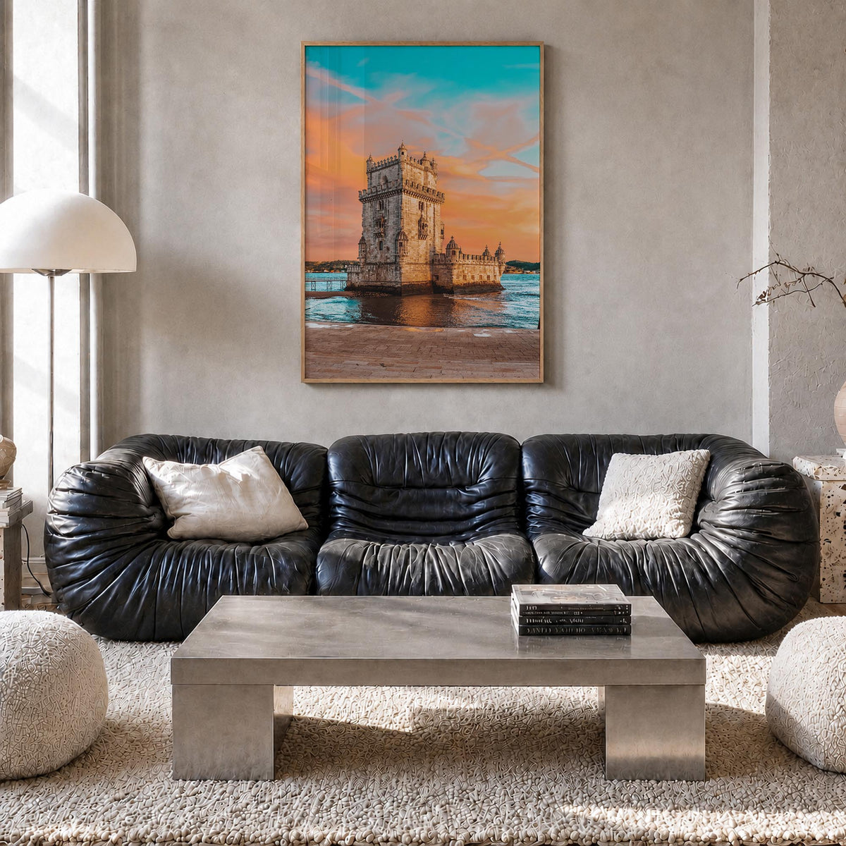 Lisbon no. 3 colorful photo poster of Portugal – vertical wall art in natural wood frame, hanging on wall