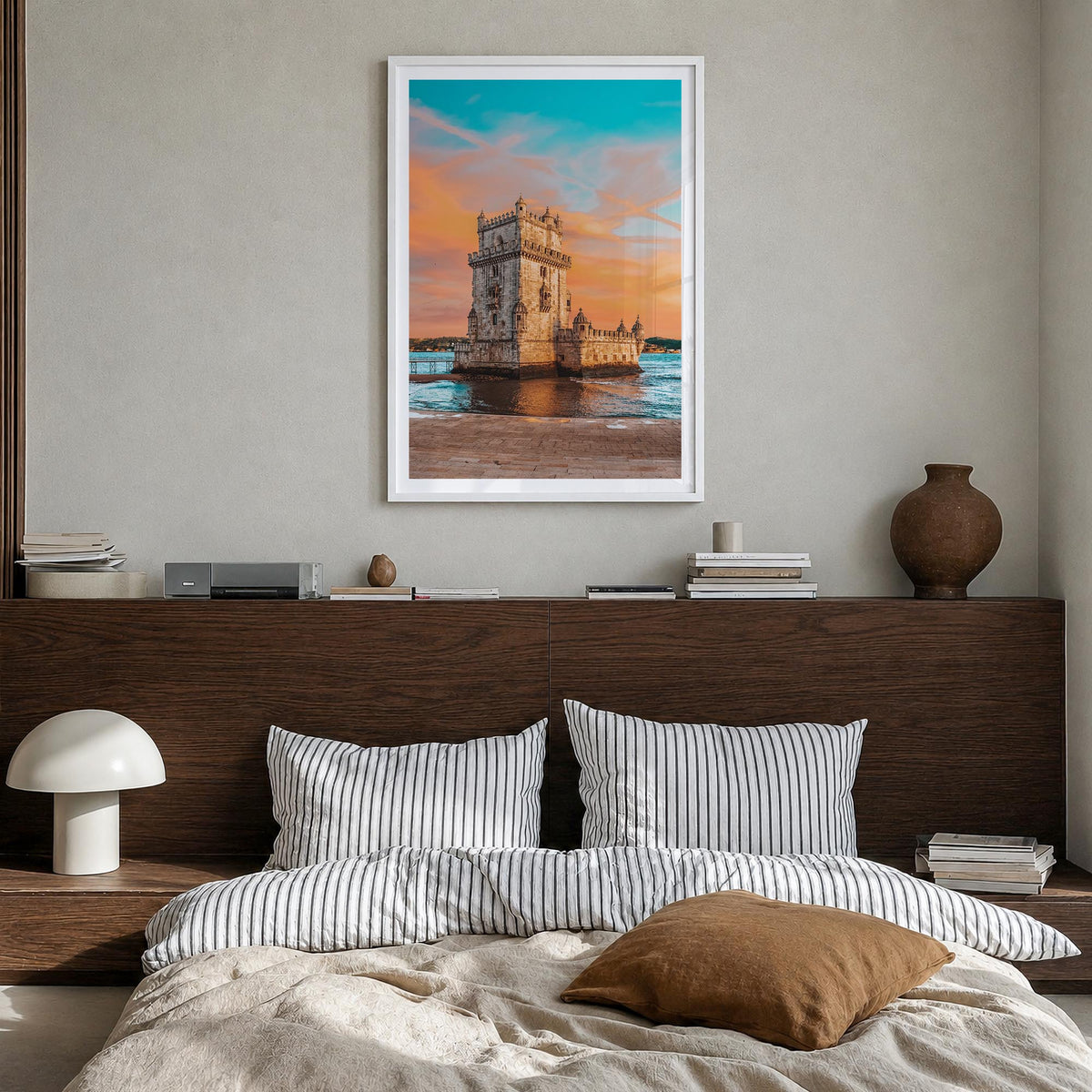Lisbon no. 3 colorful photo poster of Portugal – vertical wall art in white wood frame with white border, hanging on wall
