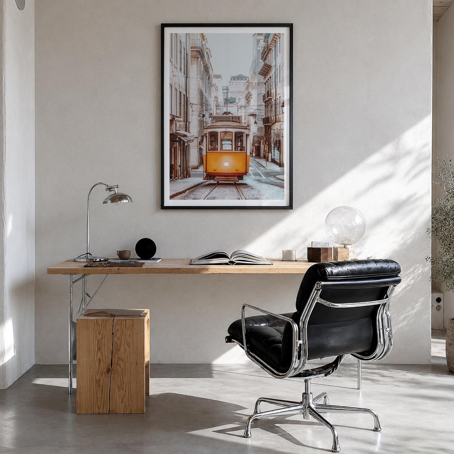 Lisbon no. 4 colorful photo poster of Portugal – vertical wall art in black wood frame with white border, hanging on wall