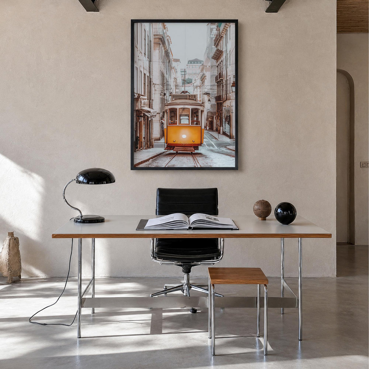 Lisbon no. 4 colorful photo poster of Portugal – vertical wall art in black wood frame, hanging on wall