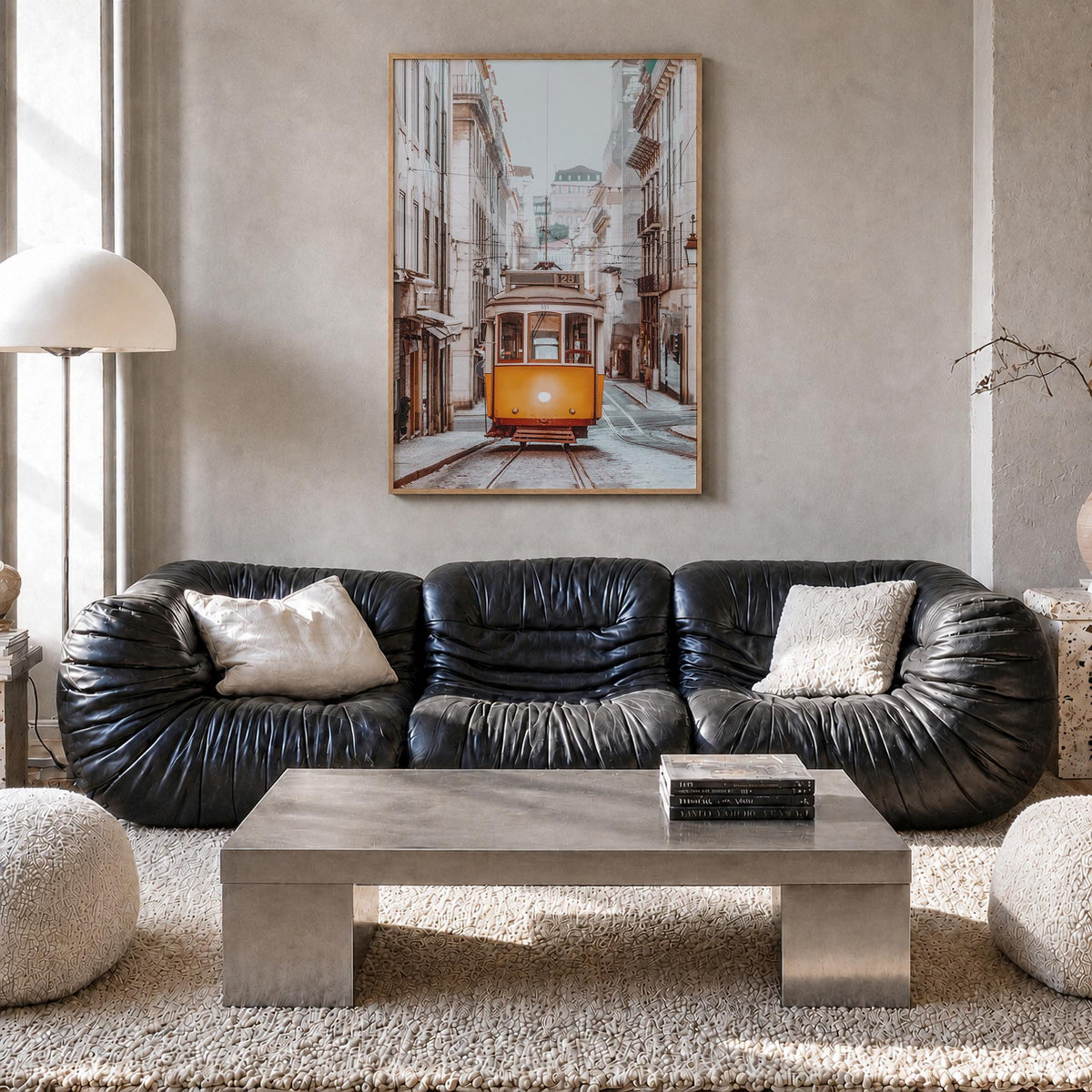 Lisbon no. 4 colorful photo poster of Portugal – vertical wall art in natural wood frame, hanging on wall