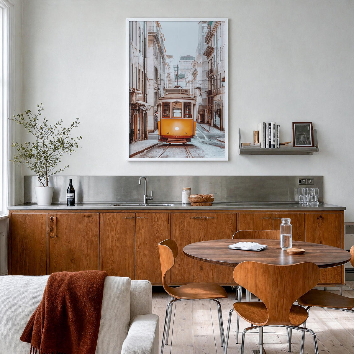 Lisbon no. 4 colorful photo poster of Portugal – vertical wall art in white wood frame, hanging on wall