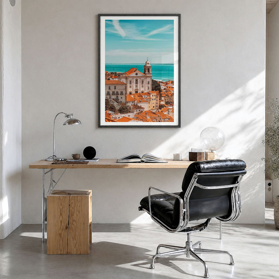 Lisbon Photo No 1 Poster in a black wood frame, hanging in a bright home office, white border