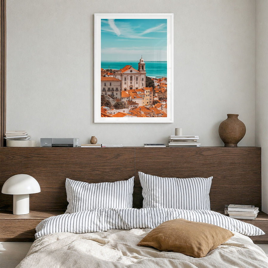 Lisbon Photo No 1 Poster in a white wood frame, hanging in a bedroom, white border