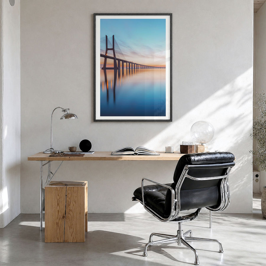 Lisbon Photo No 2 Poster in a black wood frame, hanging in a bright home office, white border