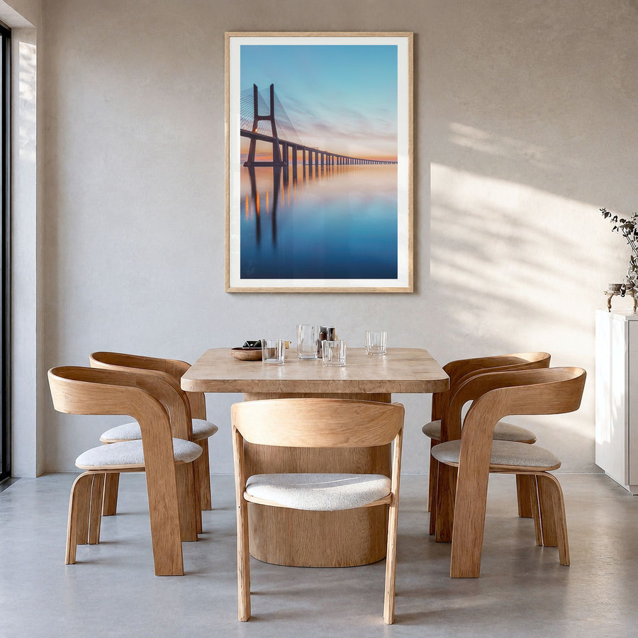 Lisbon Photo No 2 Poster in a natural wood frame, hanging in a dining room, white border