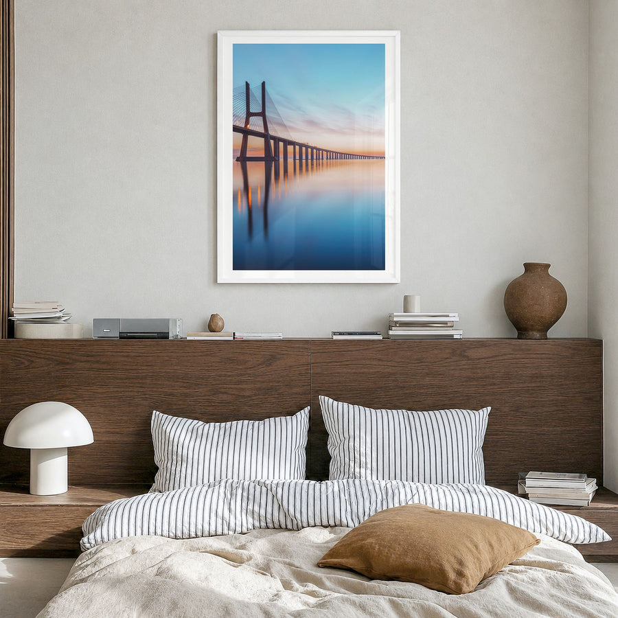 Lisbon Photo No 2 Poster in a white wood frame, hanging in a bedroom, white border