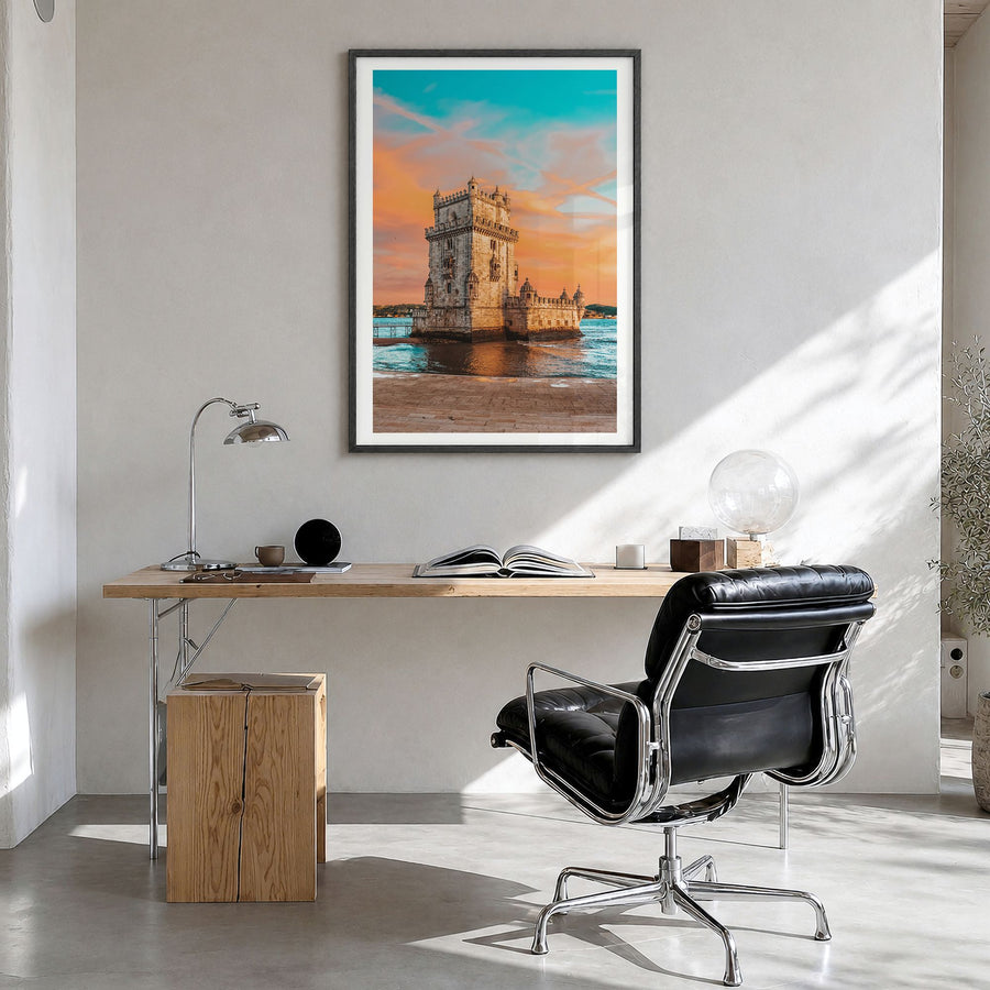Lisbon Photo No 3 Poster in a black wood frame, hanging in a bright home office, white border