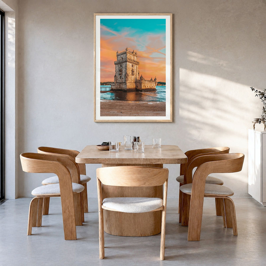 Lisbon Photo No 3 Poster in a natural wood frame, hanging in a dining room, white border