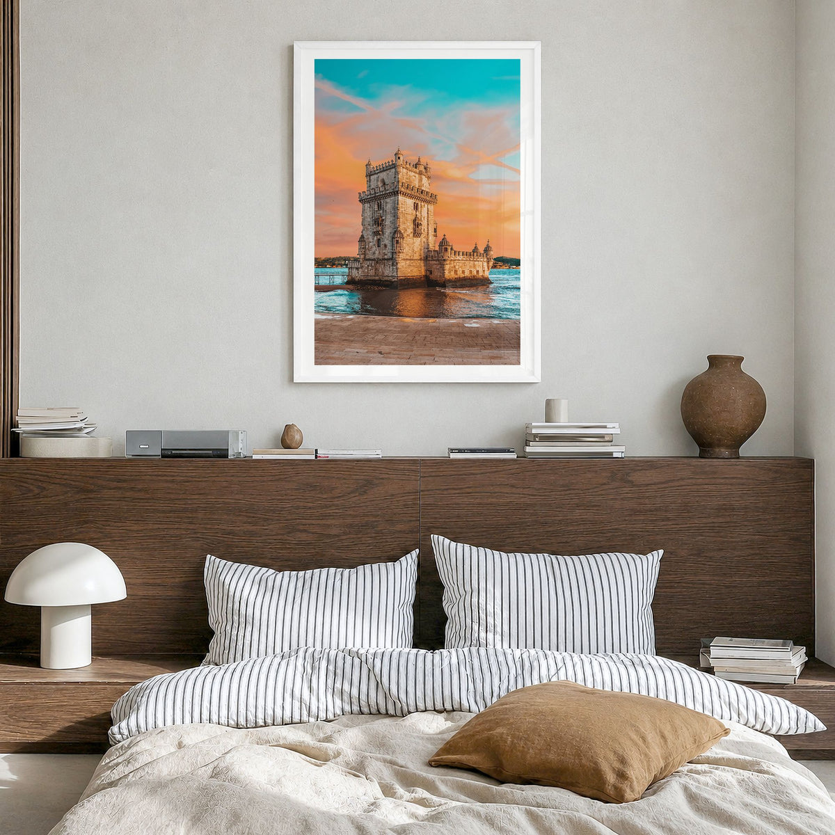 Lisbon Photo No 3 Poster in a white wood frame, hanging in a bedroom, white border