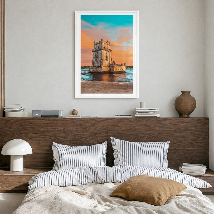 Lisbon Photo No 3 Poster in a white wood frame, hanging in a bedroom, white border