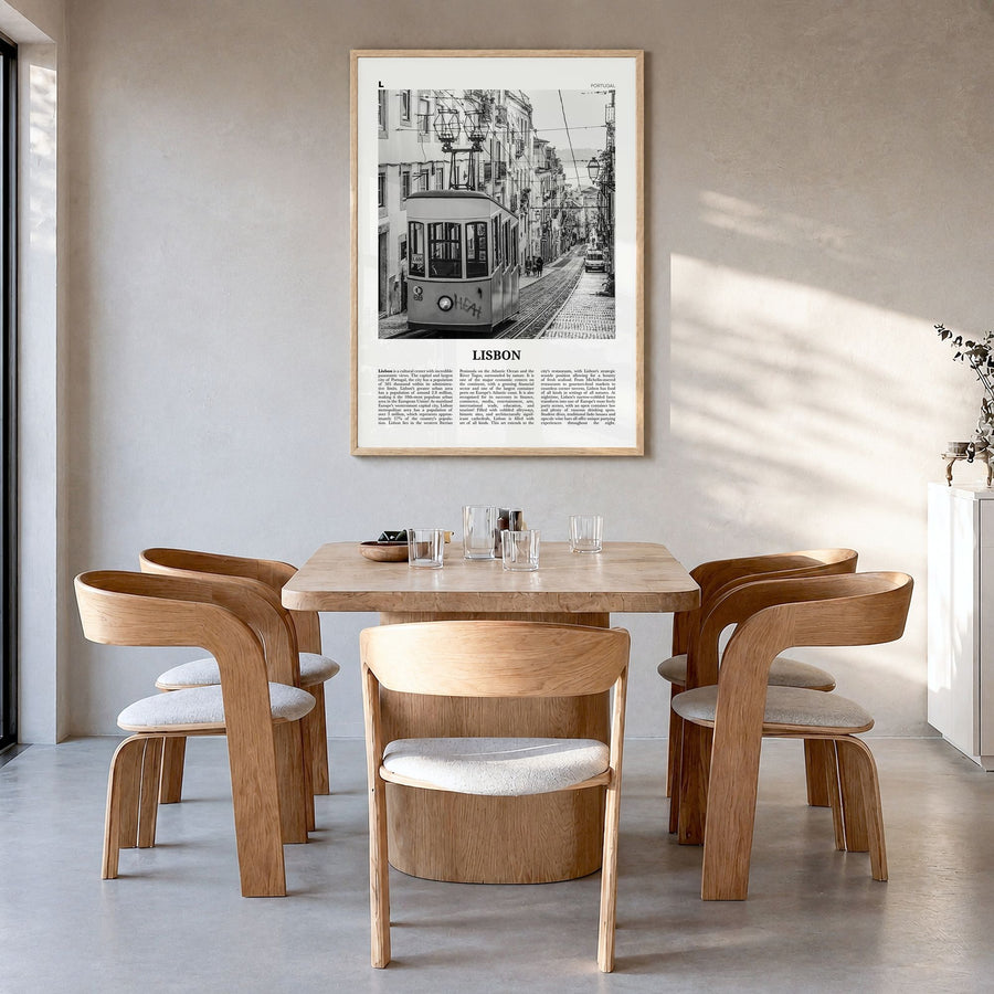 Lisbon Newspaper No 1 Poster in a natural wood frame, hanging in a dining room