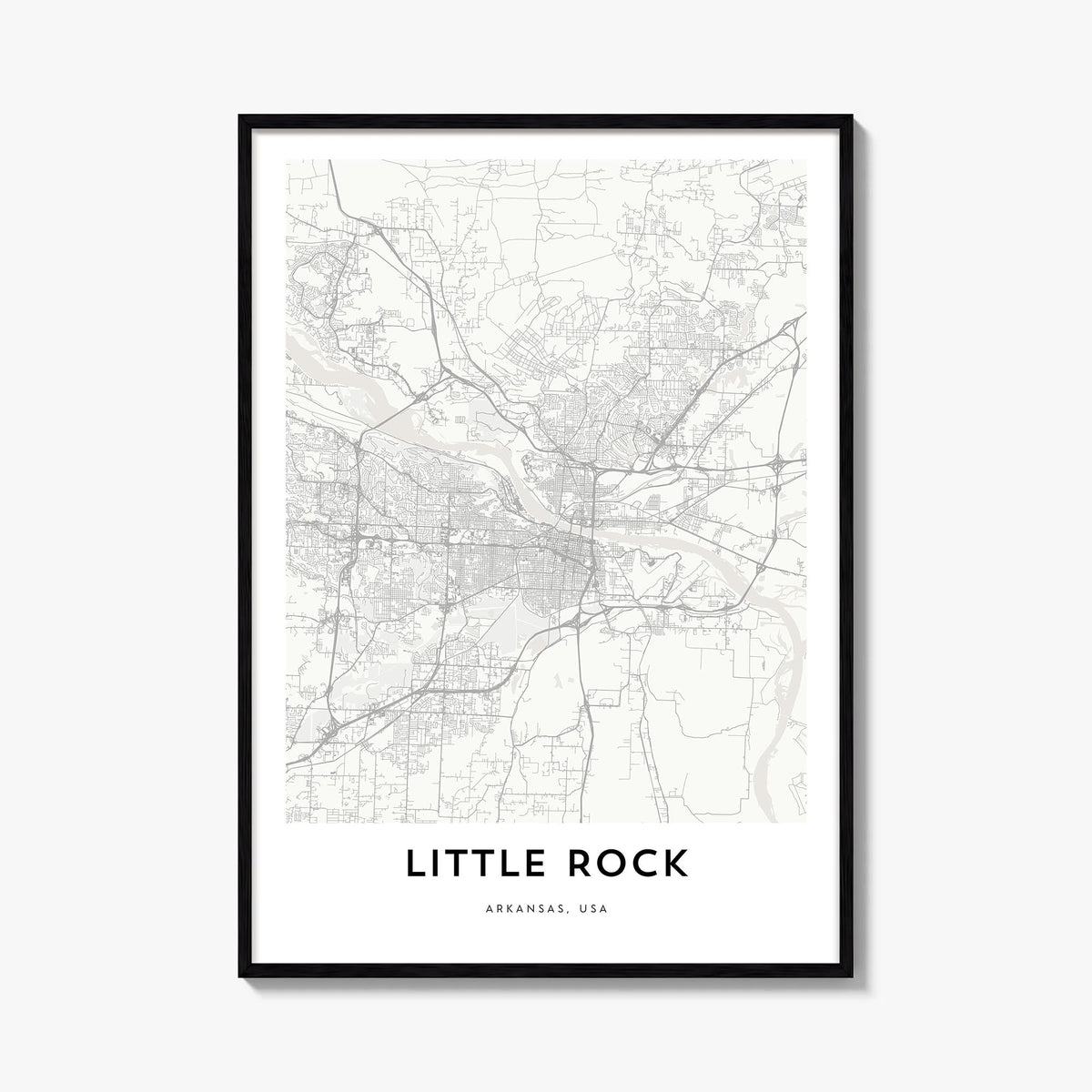 Little Rock black & white map poster of Arkansas, USA – vertical wall art, unframed print shown in interior mockup