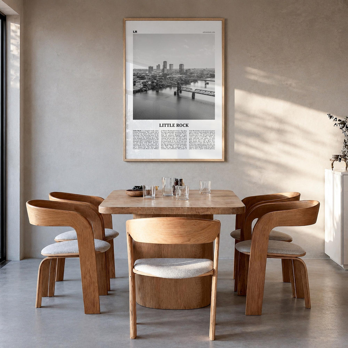 Little Rock black & white newspaper poster of Arkansas, USA – vertical wall art in natural wood frame, hanging on wall