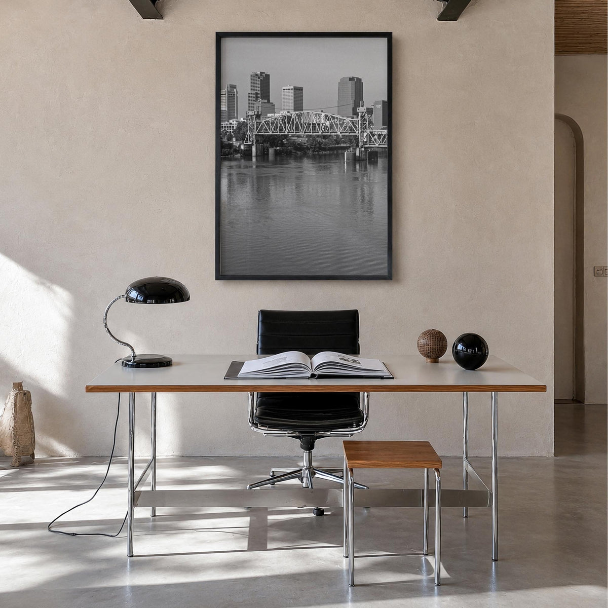 Little Rock black & white photo poster of Arkansas, USA – vertical wall art in black wood frame, hanging on wall